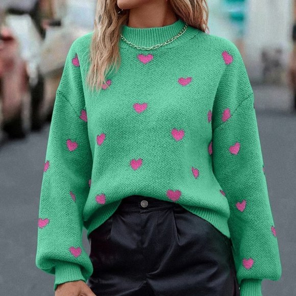 Green Casual Womens Heart Pattern Mock Neck Drop Shoulder Sweater - Picture 3 of 5